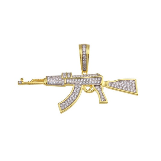 Gold Plated 925 Sterling Silver Rifle CZ Hip Hop AK Gun Iced Out Pendant