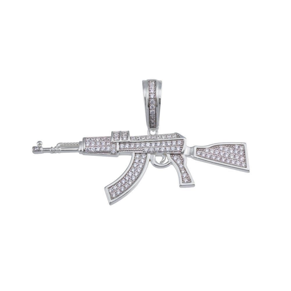 Rhodium Plated 925 Sterling Silver Rifle CZ Hip Hop Iced Out AK Gun Pendant