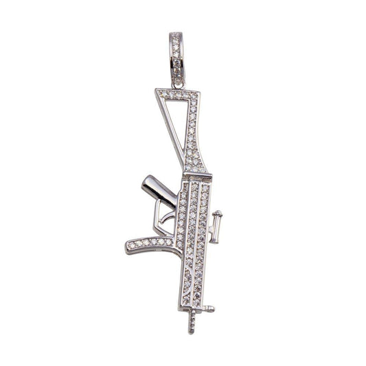 Rhodium Plated 925 Sterling Silver Rifle CZ Hip Hop Gun AK Scope Charm Pendant
