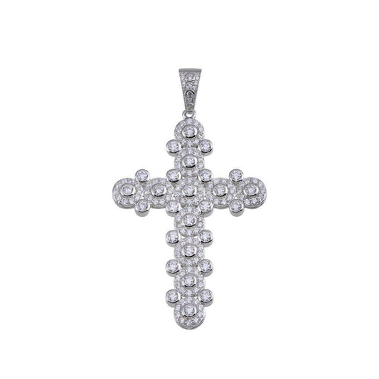 Rhodium Plated 925 Sterling Silver CZ Cross Hip Hop Christian Charm Pendant