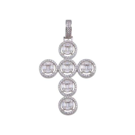 Rhodium Plated 925 Sterling Silver CZ Round Cross Hip Hop Christian Pendant