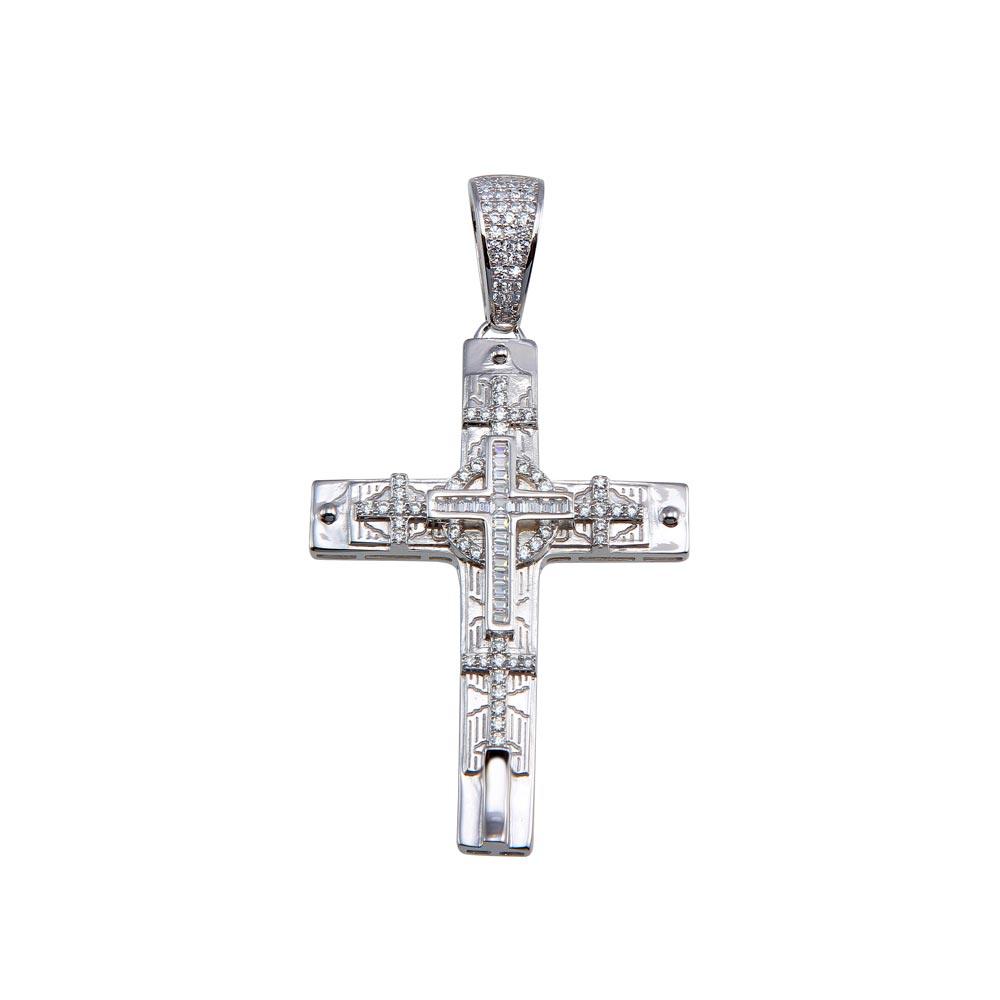 Rhodium Plated 925 Sterling Silver CZ Cross Hip Hop Christian Catholic Pendant