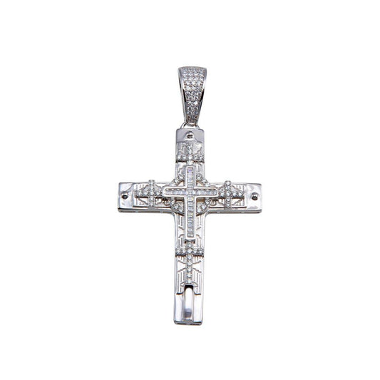 Rhodium Plated 925 Sterling Silver CZ Cross Hip Hop Christian Catholic Pendant