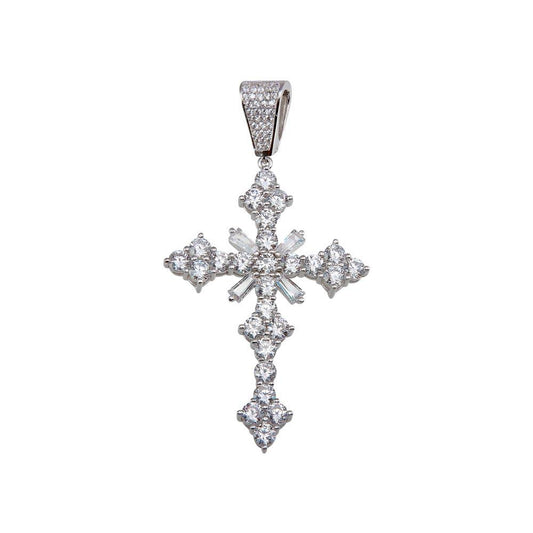 Rhodium Plated 925 Sterling Silver Baguette Cross Hip Hop Christian Knot Pendant