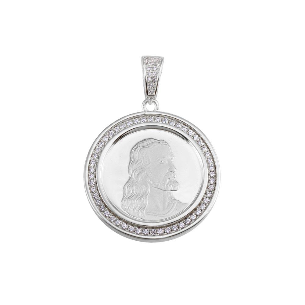 Rhodium Plated 925 Sterling Silver CZ Jesus Medallion Hip Hop Halo Charm Pendant