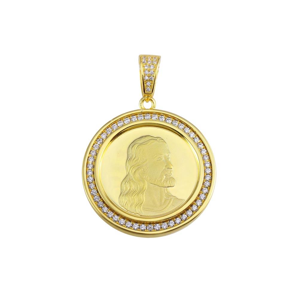 Gold Plated 925 Sterling Silver CZ Jesus Medallion Hip Hop Christian Pendant