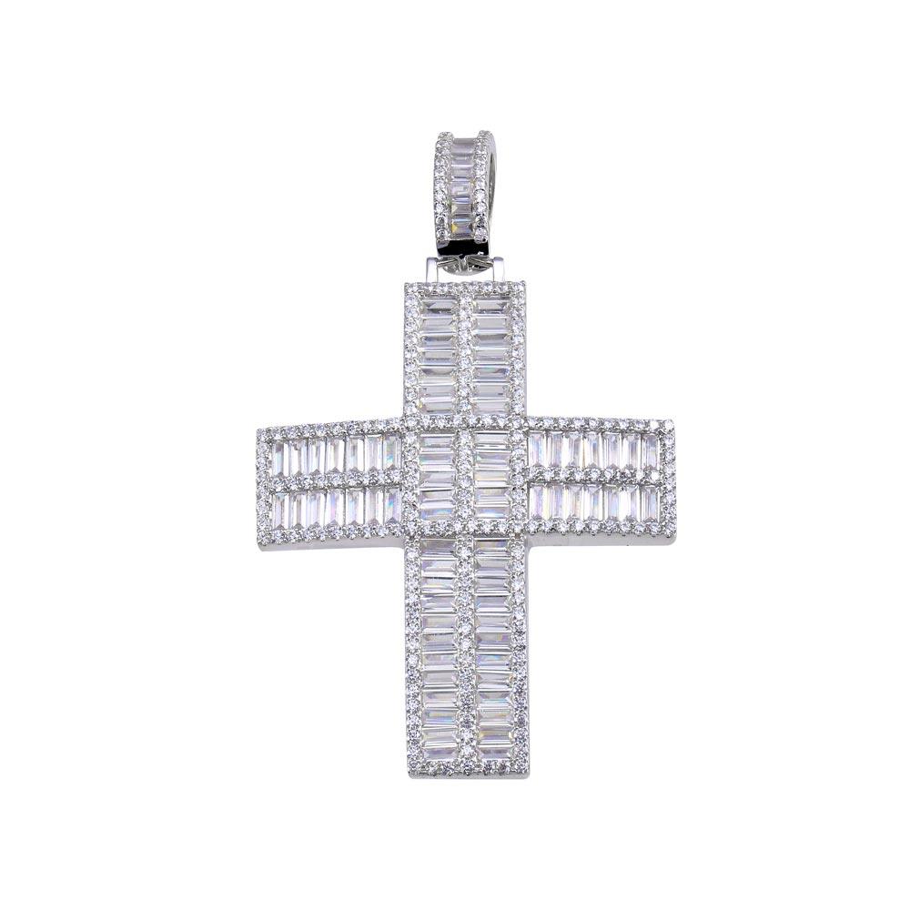 Rhodium Plated 925 Sterling Silver CZ Baguette Cross Hip Hop Christian Pendant