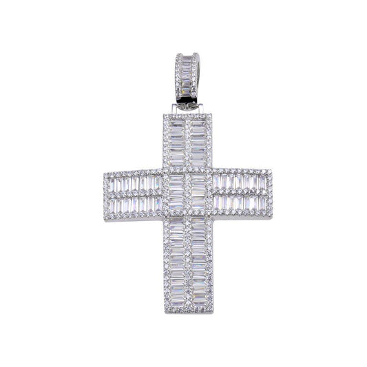 Rhodium Plated 925 Sterling Silver CZ Baguette Cross Hip Hop Christian Pendant
