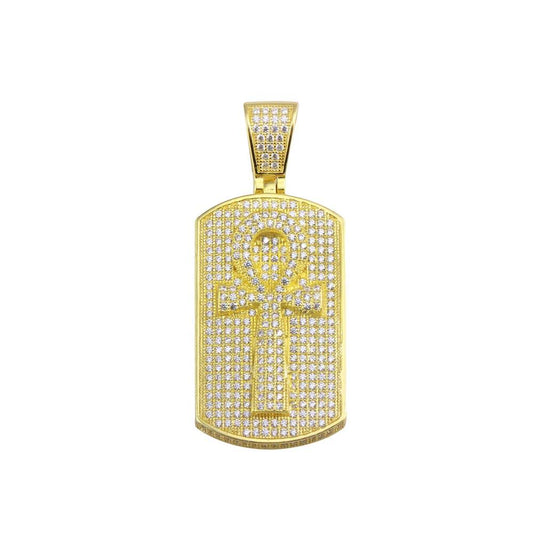 Gold Plated 925 Sterling Silver CZ Cross Dogtag Hip Hop Ankh Charm Iced Pendant