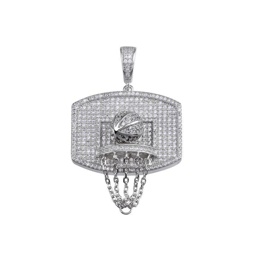 Rhodium Plated 925 Sterling Silver CZ Basketball Hoop Hip Hop Sports Pendant