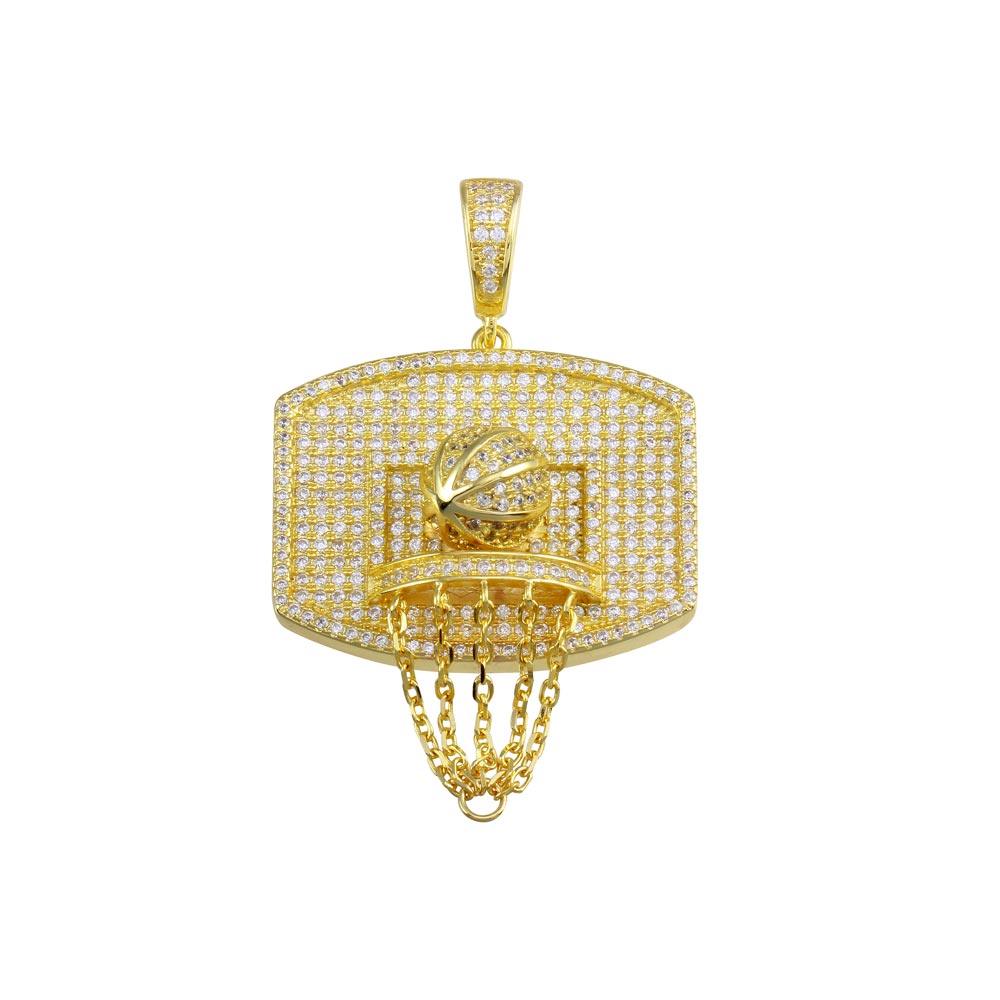 Gold Plated 925 Sterling Silver CZ Basketball Hoop Hip Hop Pendant Sports Charm