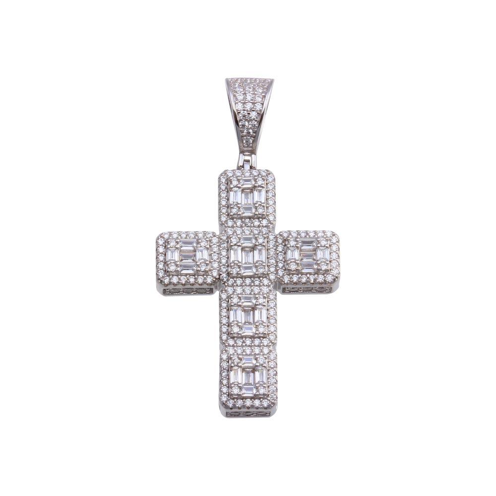 Rhodium Plated 925 Sterling Silver CZ Cross Hip Hop Iced Out Christian Pendant