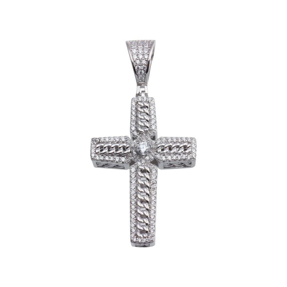 Rhodium Plated 925 Sterling Silver CZ Chain Cross Hip Hop Christian Pendant