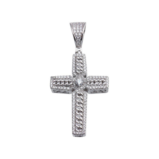 Rhodium Plated 925 Sterling Silver CZ Chain Cross Hip Hop Christian Pendant