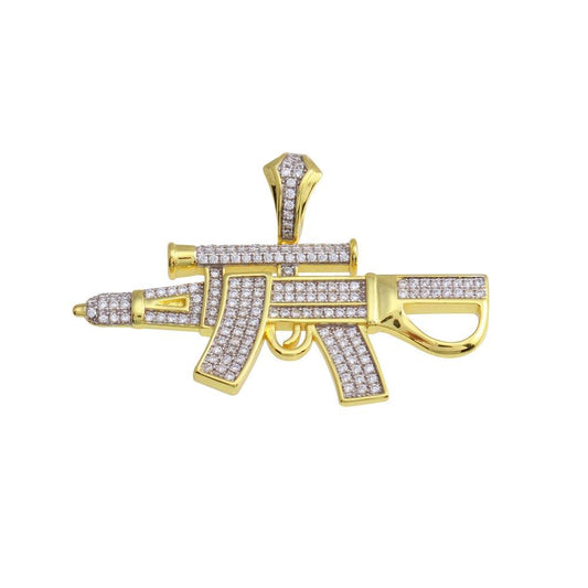 Gold Plated 925 Sterling Silver CZ Gun Hip Hop Bullet Shooting Rifle Pendant