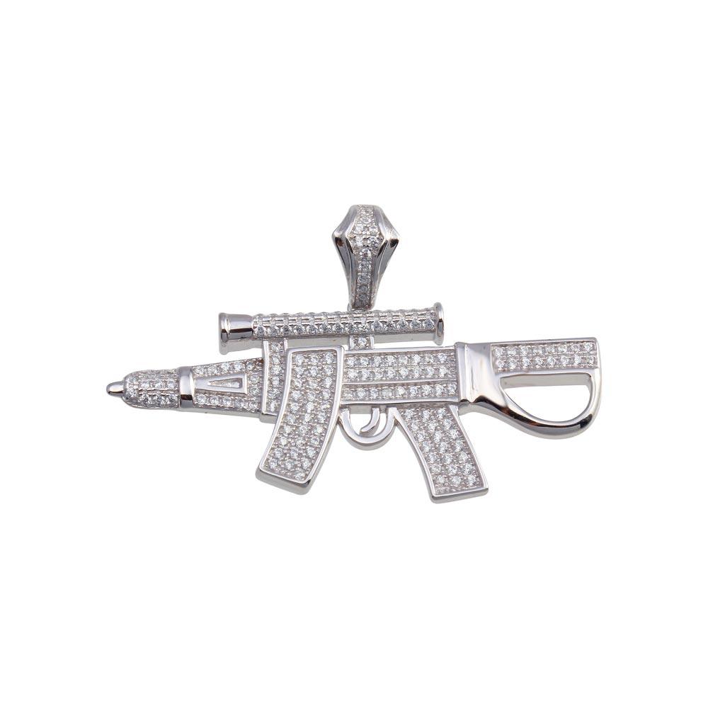Rhodium Plated 925 Sterling Silver CZ Gun Rifle Shooting Charm Hip Hop Pendant