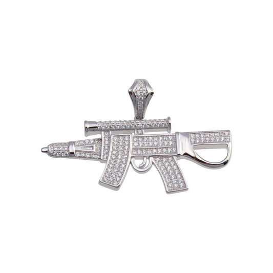 Rhodium Plated 925 Sterling Silver CZ Gun Rifle Shooting Charm Hip Hop Pendant