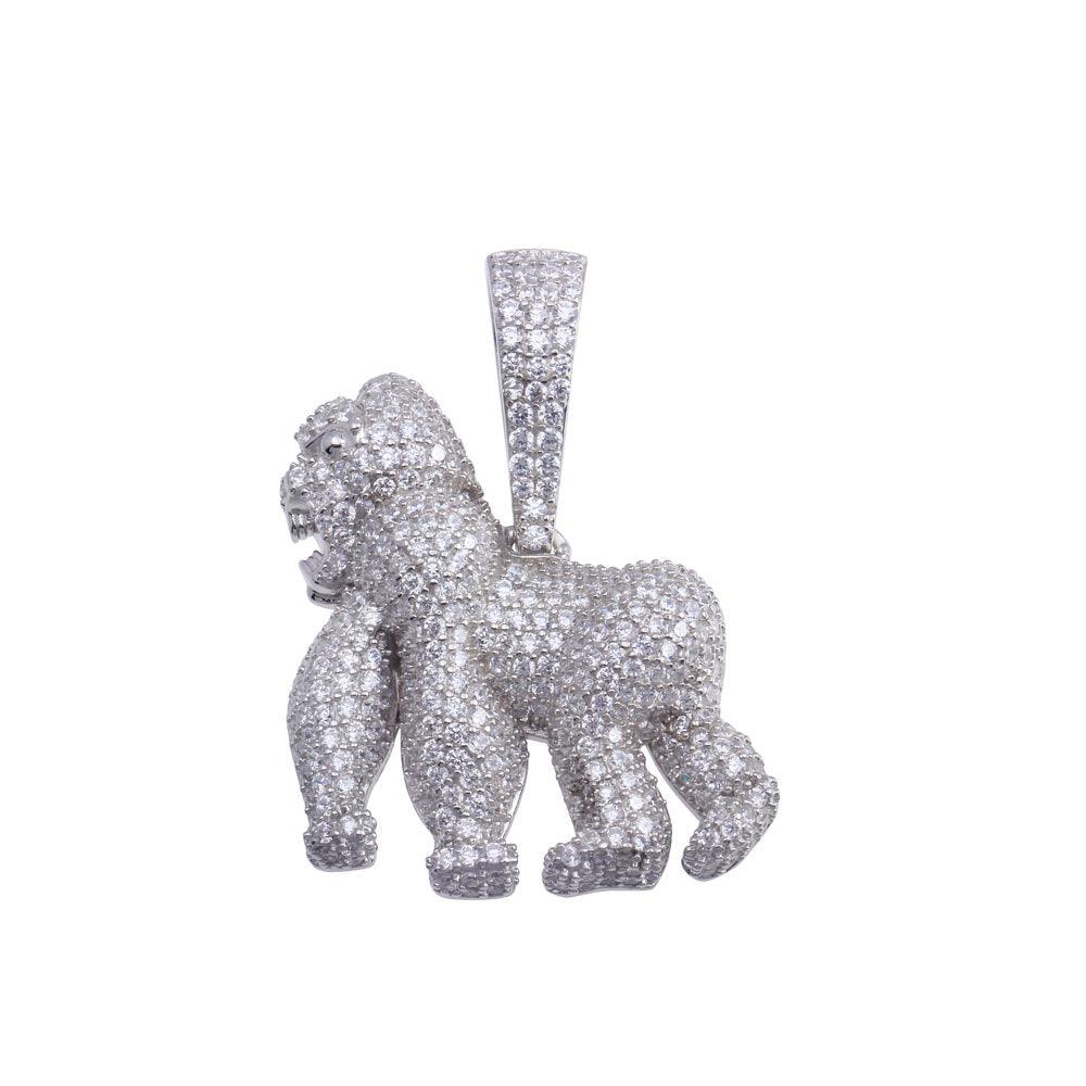 Rhodium Plated 925 Sterling Silver CZ Gorilla Hip Hop Animal Monkey Ape Pendant
