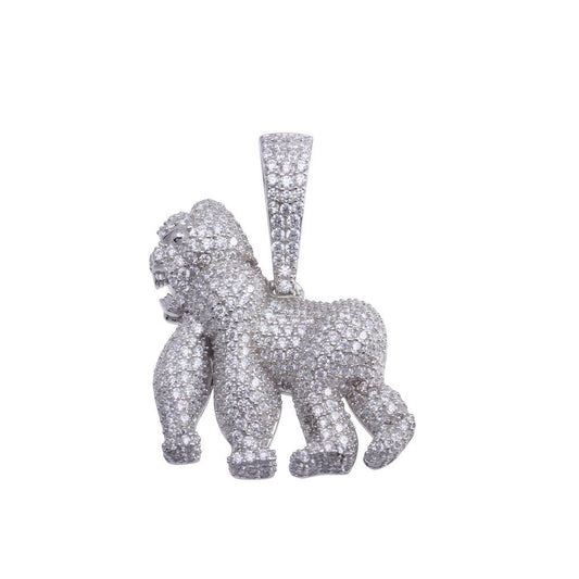 Rhodium Plated 925 Sterling Silver CZ Gorilla Hip Hop Animal Monkey Ape Pendant