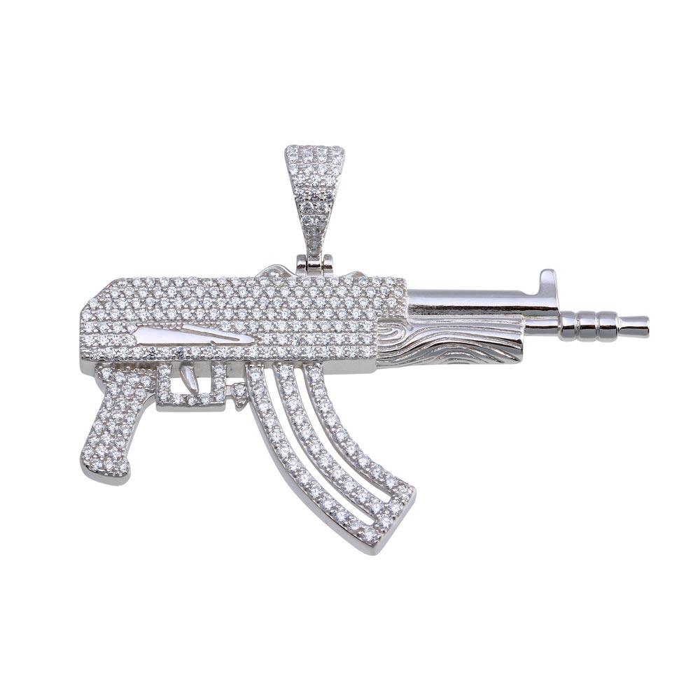 Rhodium Plated 925 Sterling Silver CZ Gun Hip Hop AK Rifle Shooting Pendant