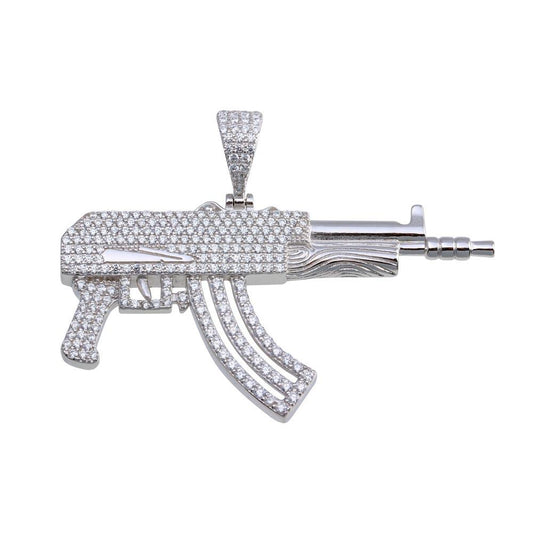 Rhodium Plated 925 Sterling Silver CZ Gun Hip Hop AK Rifle Shooting Pendant