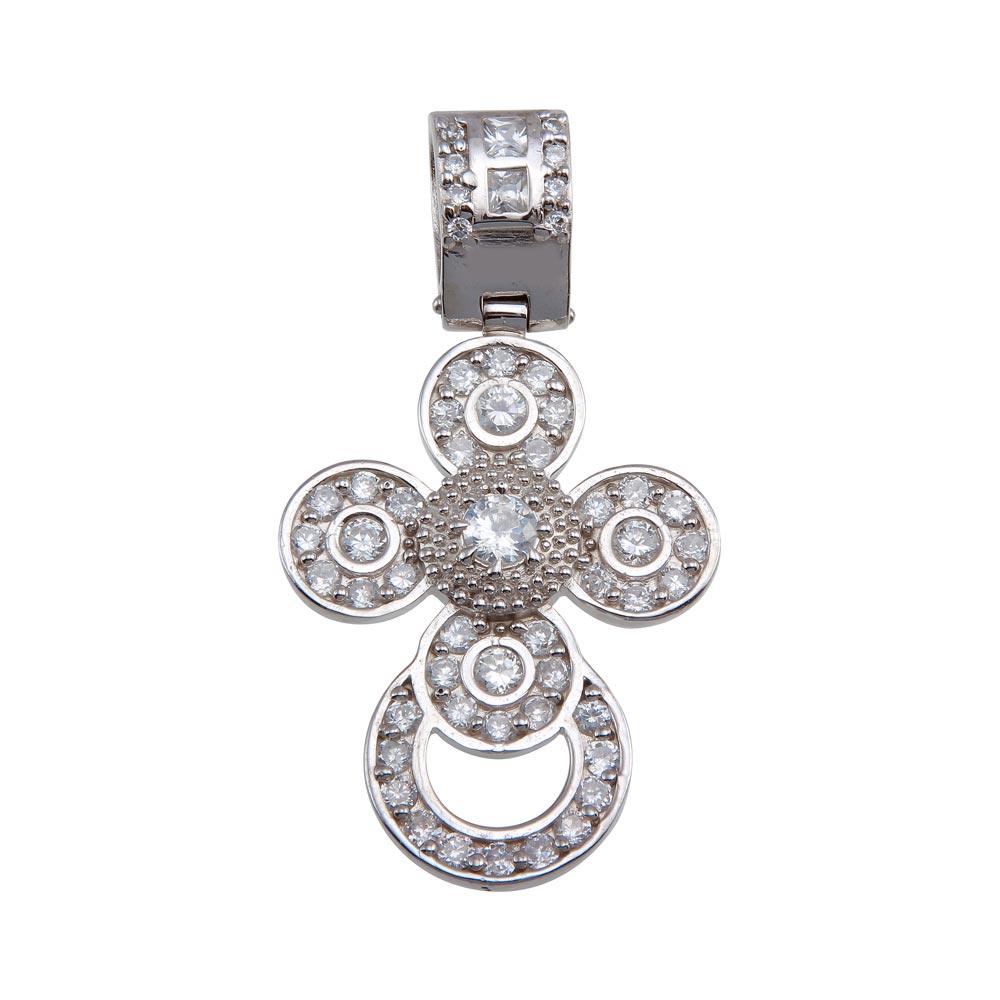 Rhodium Plated 925 Sterling Silver CZ Rounded Cross Hip Hop Christian Pendant