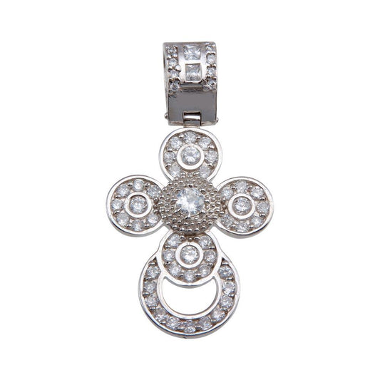 Rhodium Plated 925 Sterling Silver CZ Rounded Cross Hip Hop Christian Pendant