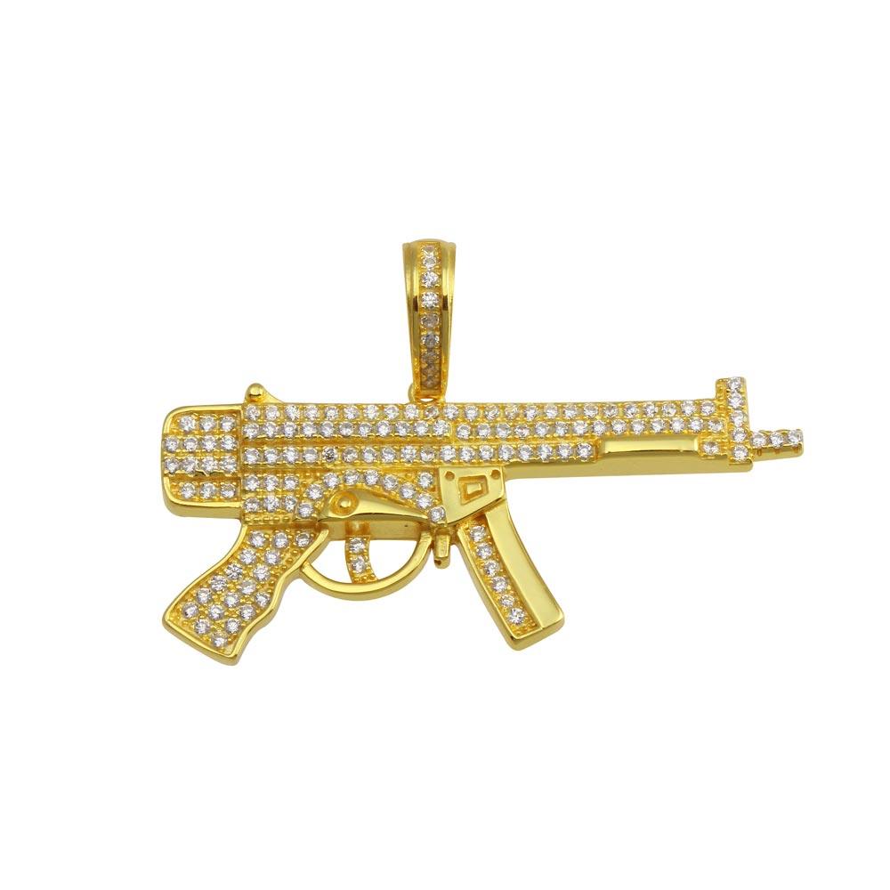 Gold Plated 925 Sterling Silver CZ Gun Hip Hop Rifle AK Iced Out Fire Pendant