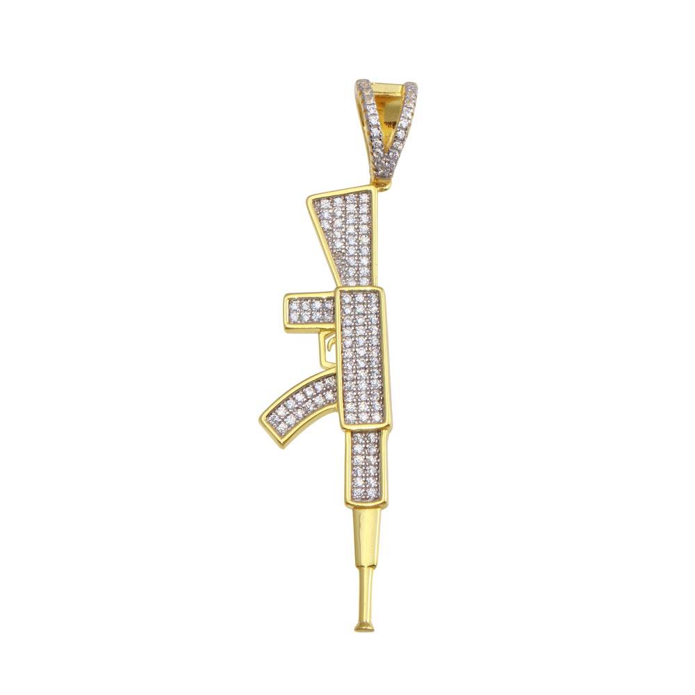 Gold Plated 925 Sterling Silver CZ Gun Hip Hop Rifle AK Shooting Charm Pendant