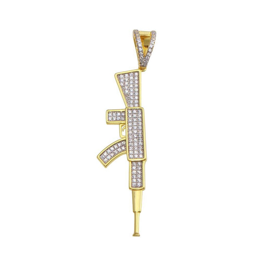 Gold Plated 925 Sterling Silver CZ Gun Hip Hop Rifle AK Shooting Charm Pendant
