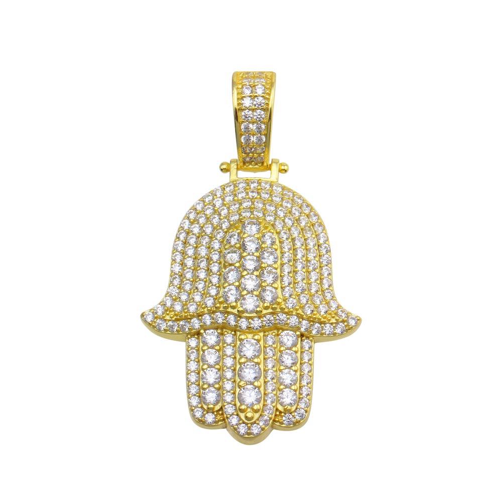 Gold Plated 925 Sterling Silver CZ Hamsa Hand Hip Hop Simulated Stones Pendant