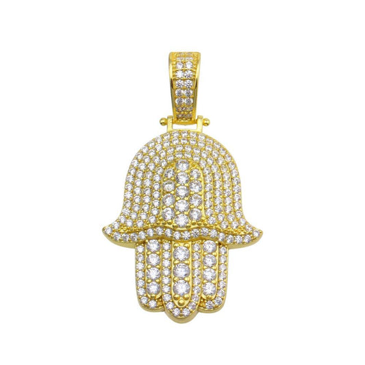 Gold Plated 925 Sterling Silver CZ Hamsa Hand Hip Hop Simulated Stones Pendant