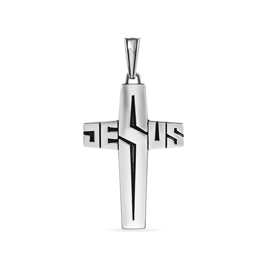 Oxidized 925 Sterling Silver Jesus Cross Word Christian Crucifix Faith Pendant
