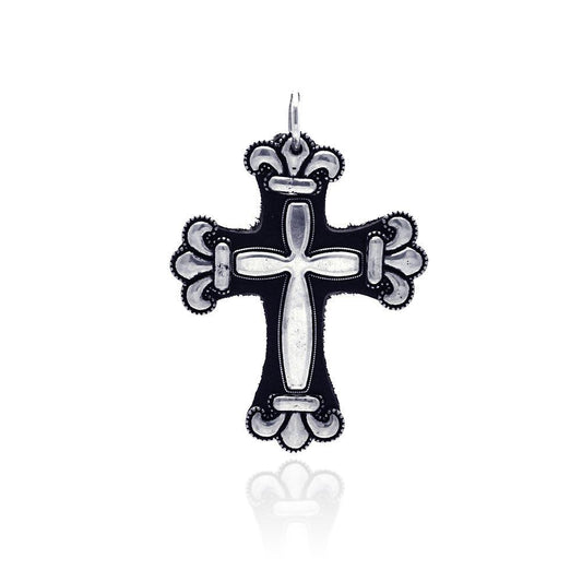925 Sterling Silver Fleur-De-Lis Leather Style Christian Framed Cross Pendant