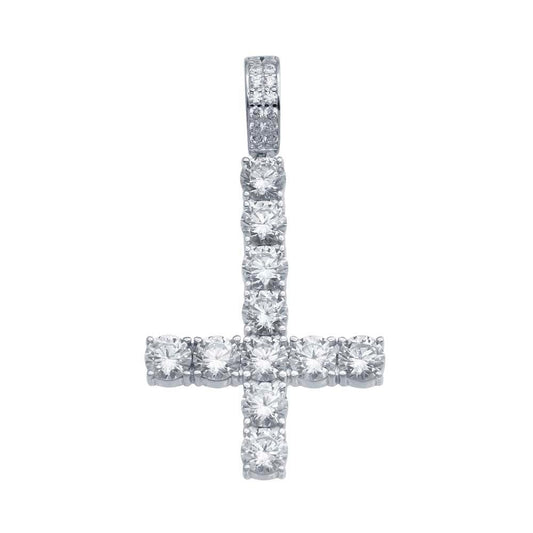 Rhodium Plated 925 Sterling Silver CZ Upside Down Cross Hip Hop Peter Pendant