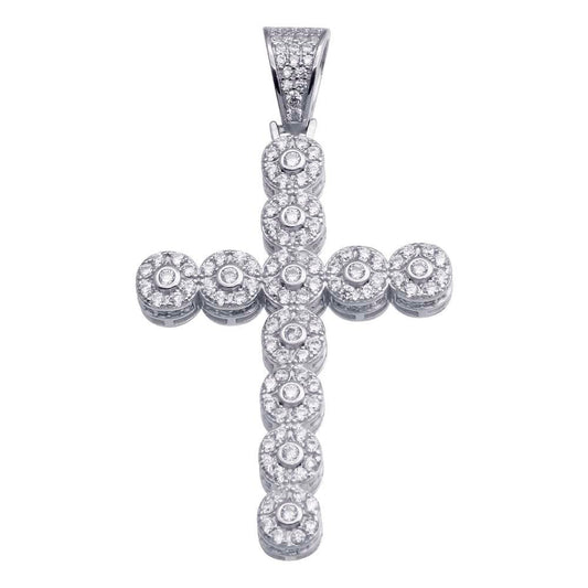 Rhodium Plated 925 Sterling Silver CZ Cross Hip Hop Round Halo Charm Pendant