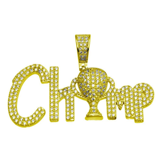 Gold Plated 925 Sterling Silver CZ Champ Hip Hop Winning Trophy Word Pendant