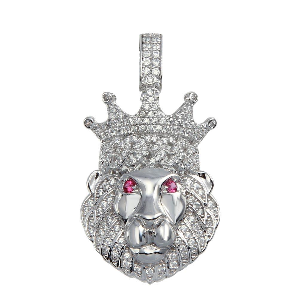 925 Sterling Silver Crown Lion CZ King Animal Jungle Prince Bling Iced Pendant