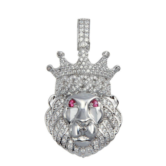 925 Sterling Silver Crown Lion CZ King Animal Jungle Prince Bling Iced Pendant