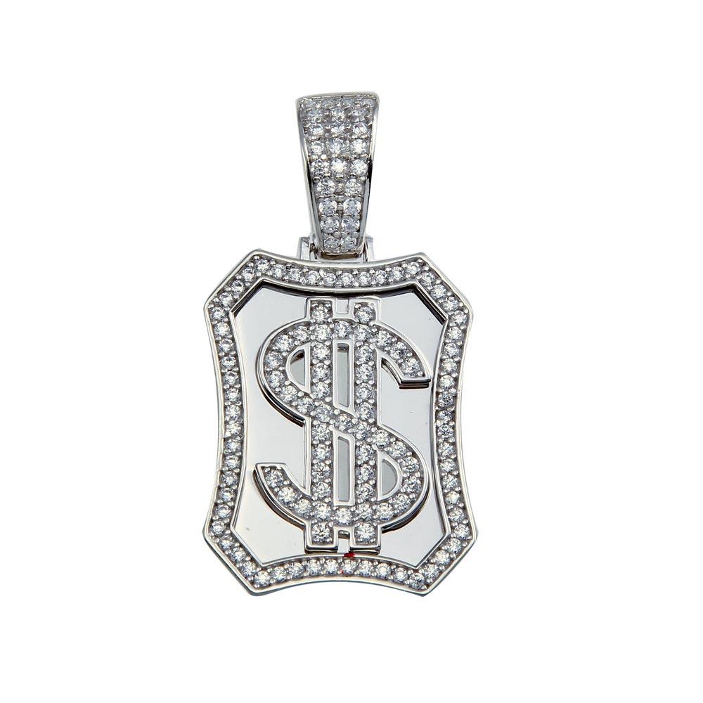 925 Sterling Silver Dollar Sign CZ Cash $ Power Money Dogtag Halo Men's Pendant