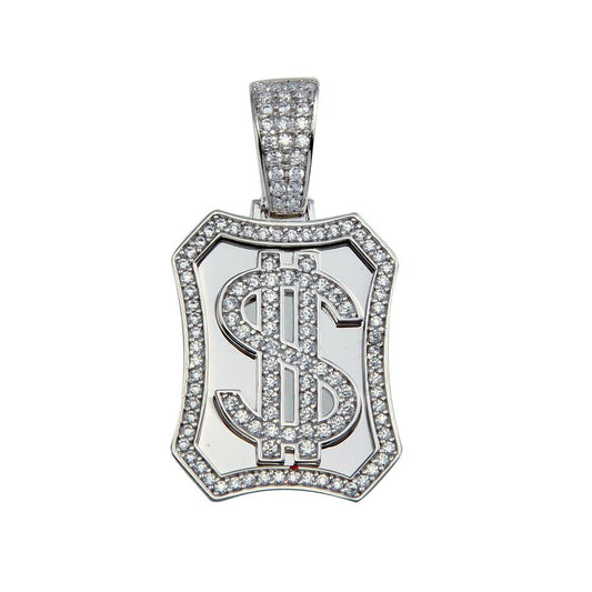 925 Sterling Silver Dollar Sign CZ Cash $ Power Money Dogtag Halo Men's Pendant