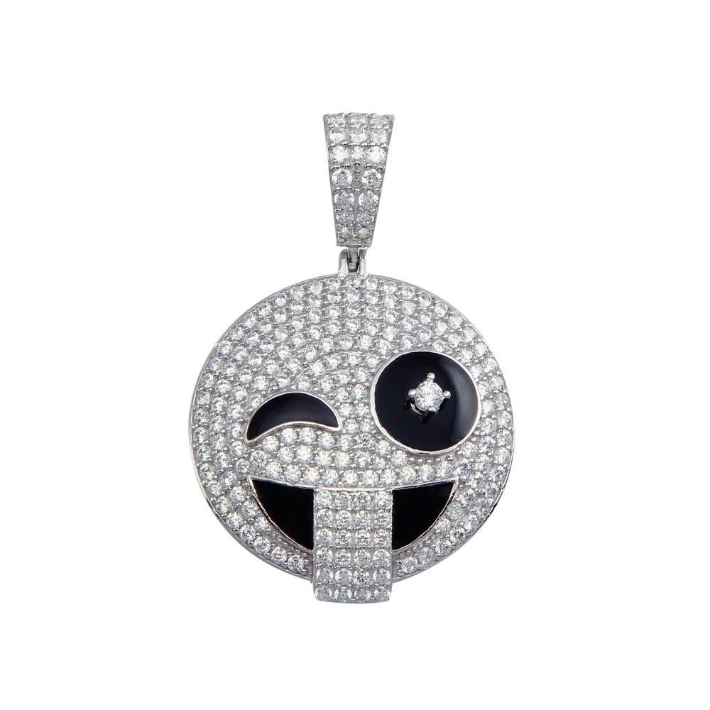 925 Sterling Silver Winky Face Emoji CZ Smile Hip Hop Wink Head Pendant