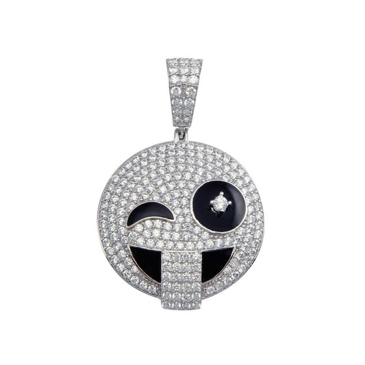 925 Sterling Silver Winky Face Emoji CZ Smile Hip Hop Wink Head Pendant