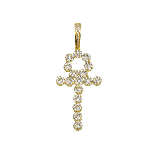 Rhodium Plated 925 Sterling Silver CZ Bubble Cross Hip Hop Ankh Pendant