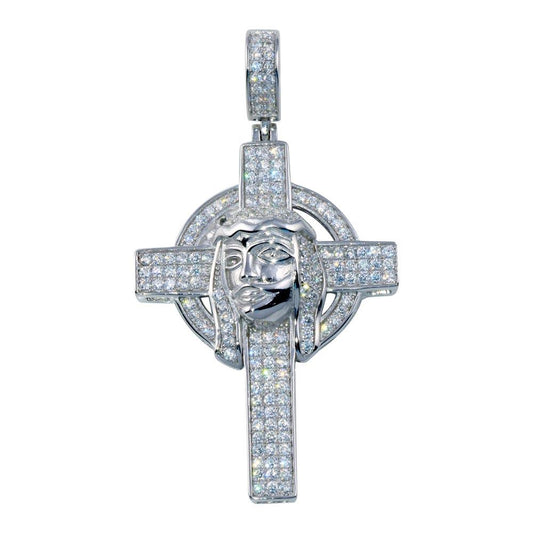 Rhodium Plated 925 Sterling Silver CZ Cross Pendant Christian Jesus Face Charm
