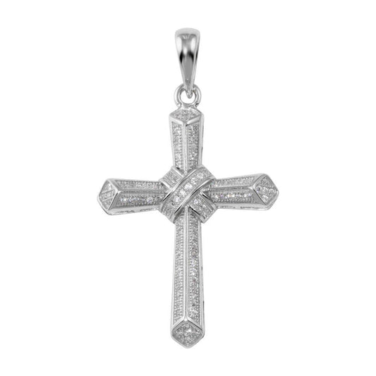 Rhodium Plated 925 Sterling Silver CZ Cross Hip Hop Knot Christian Jesus Pendant