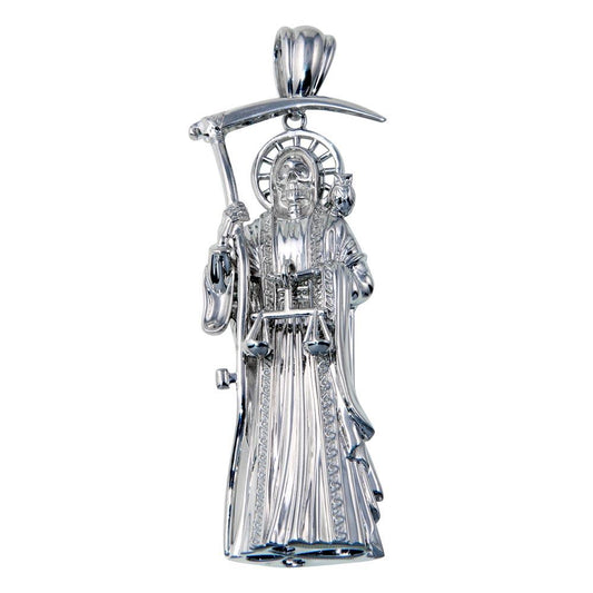 Rhodium Plated 925 Sterling Silver Hollow Huge Santa Muerte Pendant Death Charm