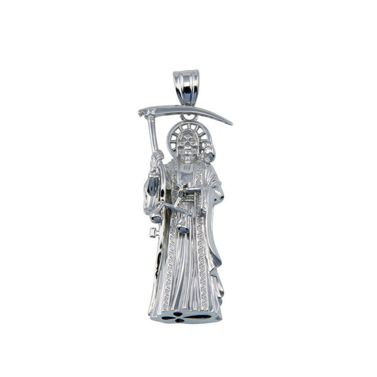 Rhodium Plated 925 Sterling Silver Hollow Santa Muerte 40mm Tall Pendant