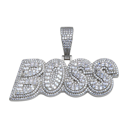 Rhodium Plated 925 Sterling Silver CZ BOSS Hip Hop Word Iced Out Power Pendant