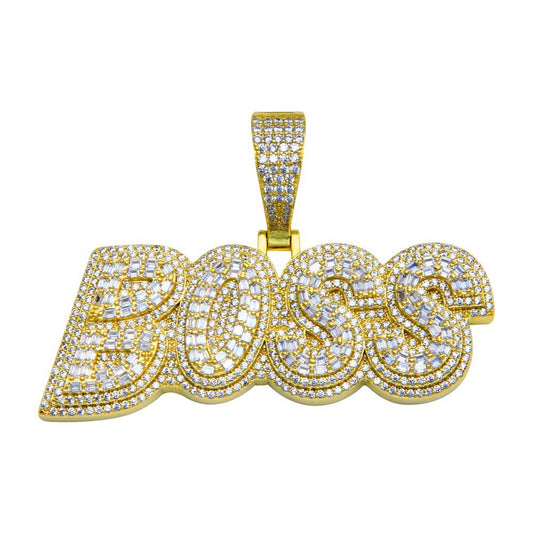 Gold Plated 925 Sterling Silver CZ BOSS Hip Hop Word Power Slogan Pendant